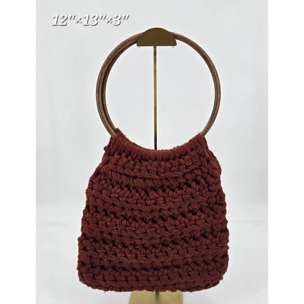 Vintage Handmade Chunky Knit Boho Teak Hoop Clutch or Shoulder Bag